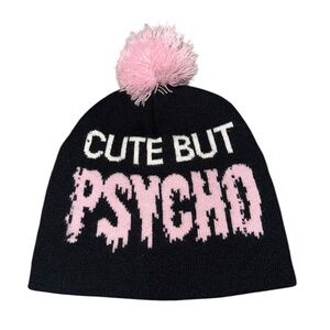 Black & Pink “Cute But Psycho” Small Beanie with Pom Pom